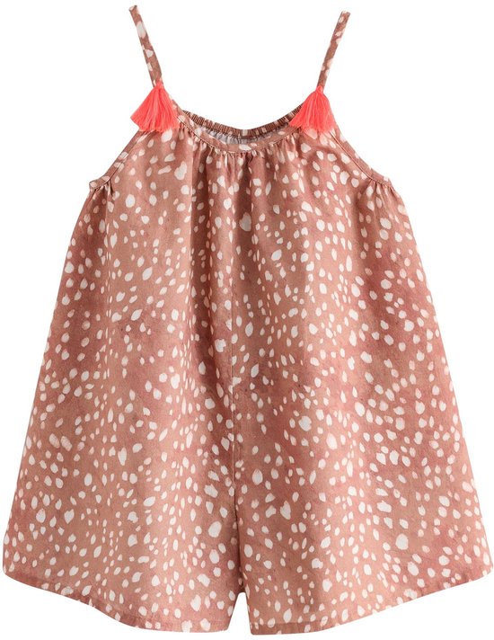 Bruin met witte stippen playsuit met spaghettibandjes en oranje kwastjes.