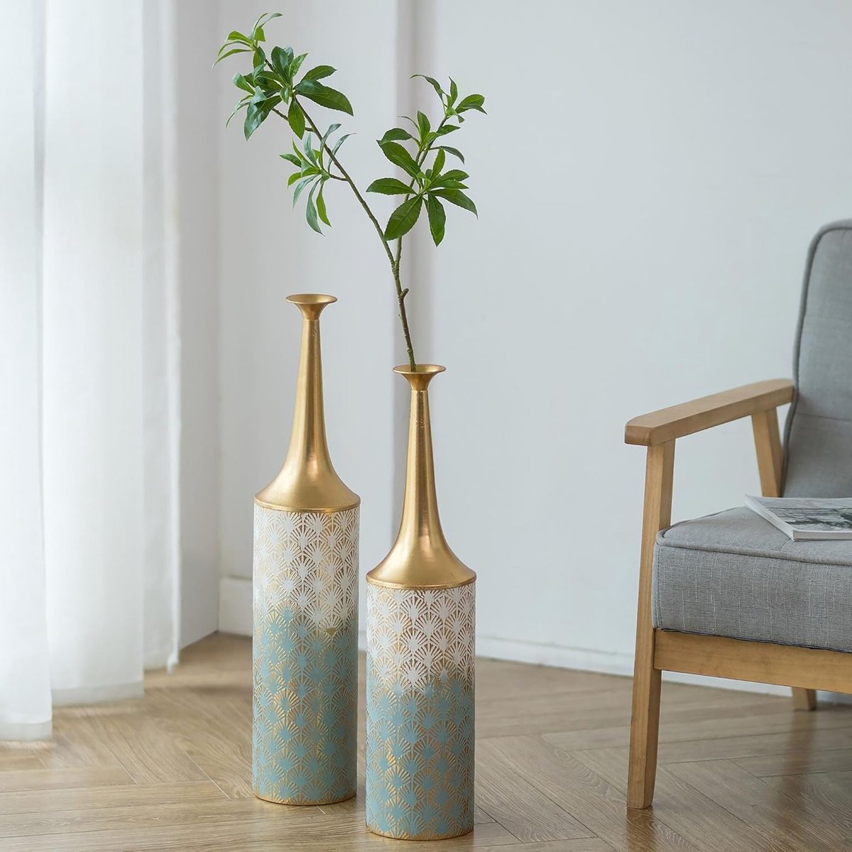 Extra Grote Vintage Vloervazen - Set van 2 Hoge Metalen Vazen voor Pampasgras en Kunstplanten, Ideaal voor Woonkamer Decoratie en Boerderijstijl