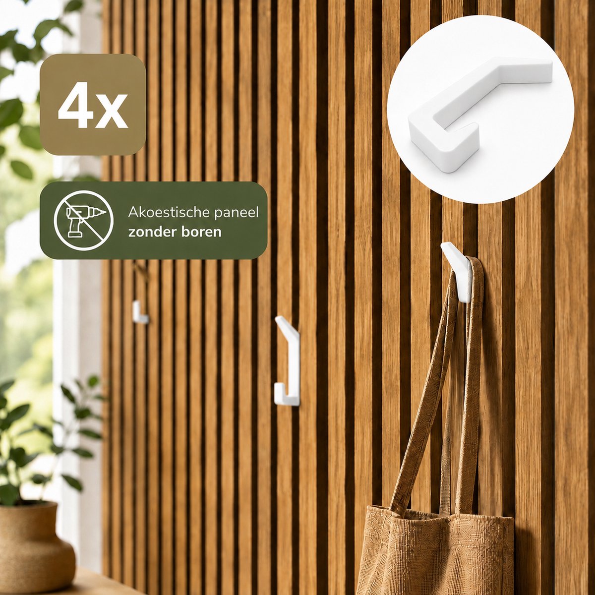 Premium Wandhaak Voor Akoestische Wandpanelen - Set 4 Stuks - Geschikt Voor Tussenruimte 13-15 Mm - Lattenwand Haak - Design Kapstokhaak Voor Jassen Tassen Handdoeken En Accessoires - Wit