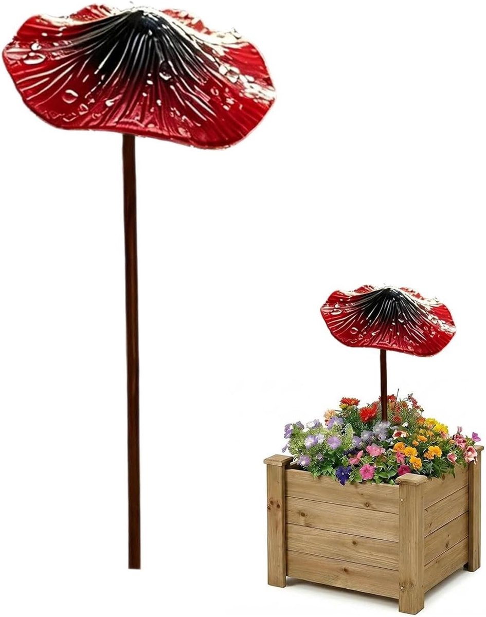 Paddenstoel Tuinstaken - Metalen Decoratie - Tuin Opfleuren - Rustieke Roestlook - 30 cm Hoog - Rood