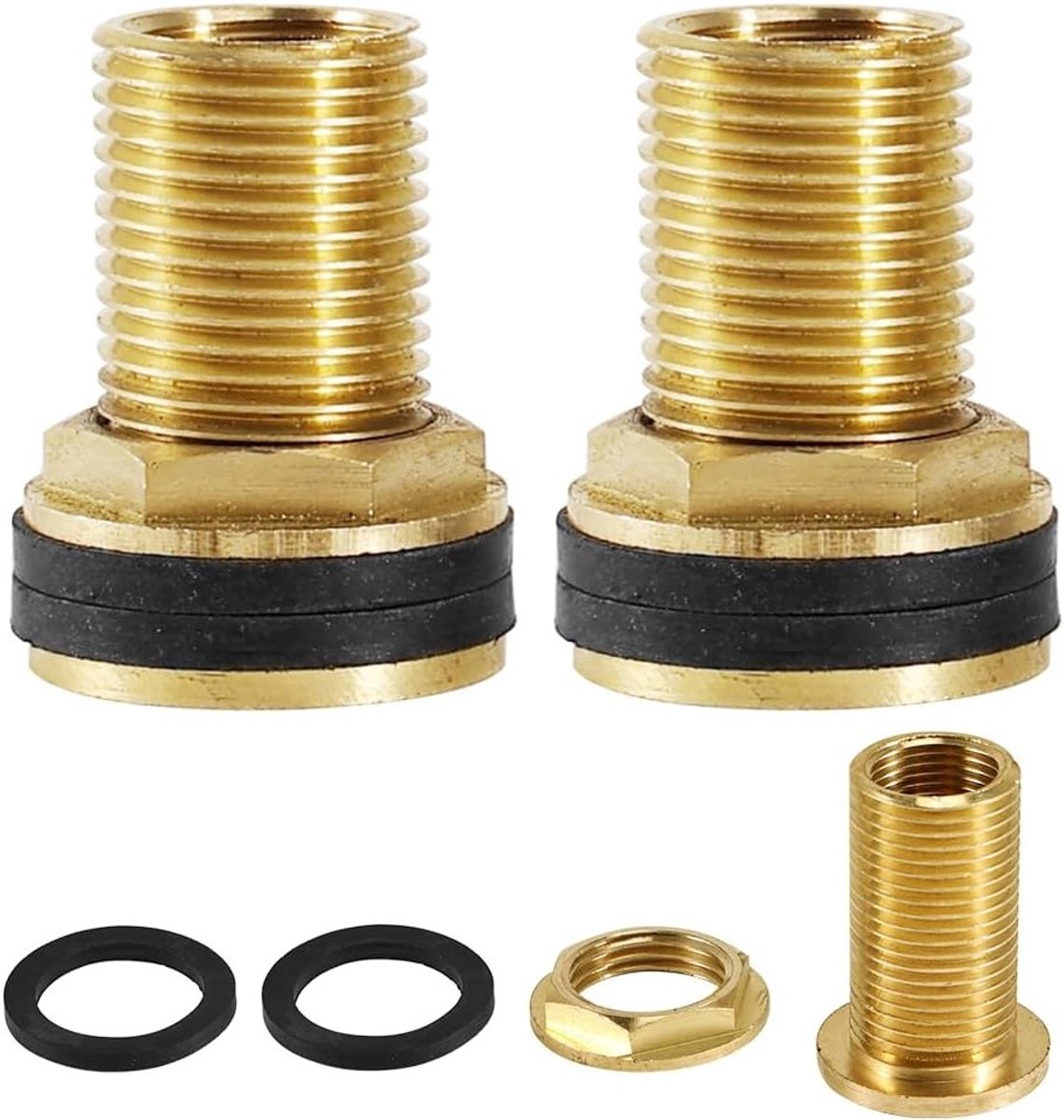 Tank schroefverbinding 2 stuks, AG 1/2 inch x IG 3/8 inch, messing voor regenton, wateropslag en tuinslang aansluiten