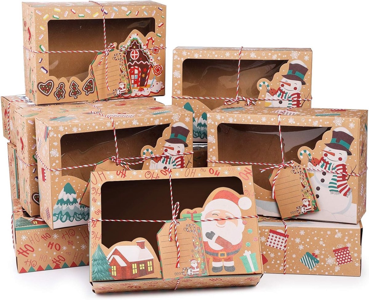 12 Stuks Cake Boxes voor Kerstmis - Kraft Geschenkdozen met Duidelijk Venster voor Cupcakes, Koekjes en Chocolade Treats voor Feestdagen en Verjaardagen