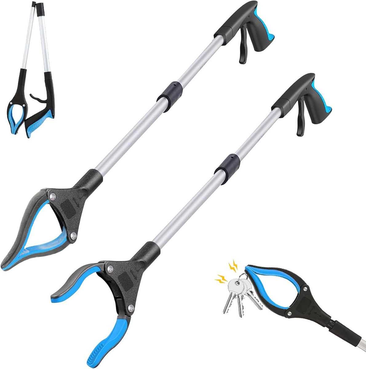 2 stuks 83 cm grijptang voor senioren met magnetische grijparm en 360° draaibare kop, opvouwbare telescopische grijper, afvaltang (blauw)