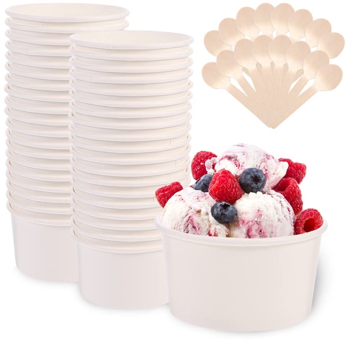 Omgoods - 50 Biologisch Afbreekbare Ijsbekers en Houten Lepels - Voor Desserts en Soepen