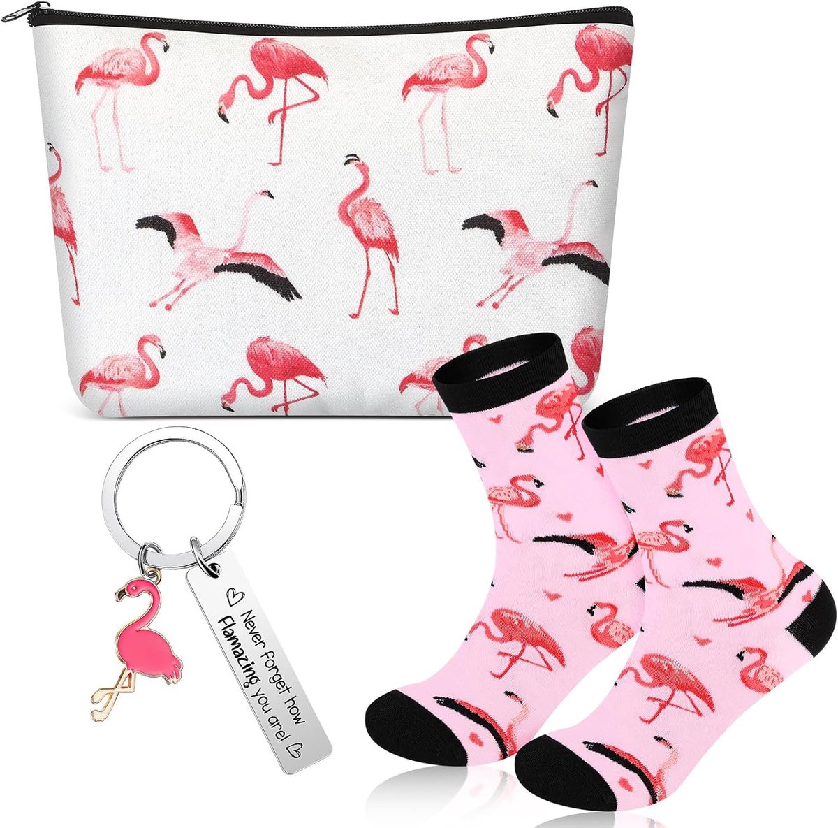 3 stuks dank u geschenken set vrouwen inspirerende reizen cosmetische tas thema sleutelhanger en sokken voor personeel leraren verpleegkundigen kerst verjaardagscadeau (Flamingo stijl), Geel,