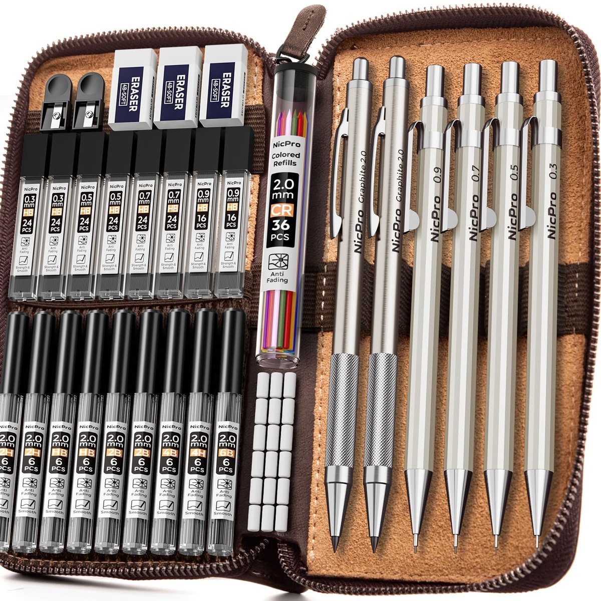 Omgoods - 33-delig Mechanisch Potlood Set - In Lederen Etui