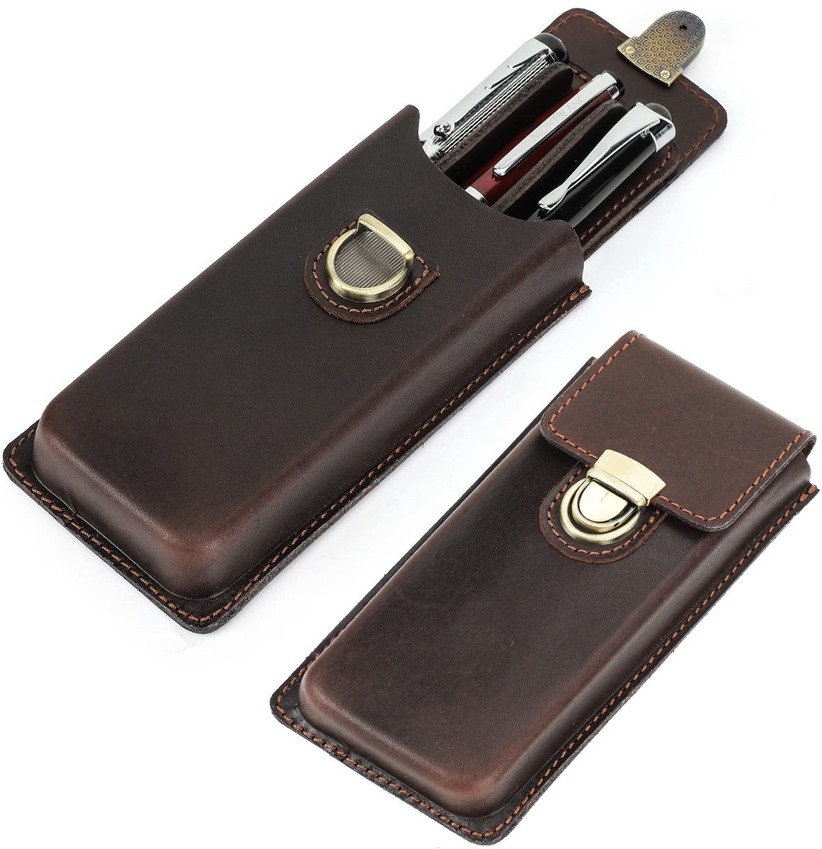 Omgoods - Echt Leren Pennetui voor 3 Pennen, Vintage Houder
