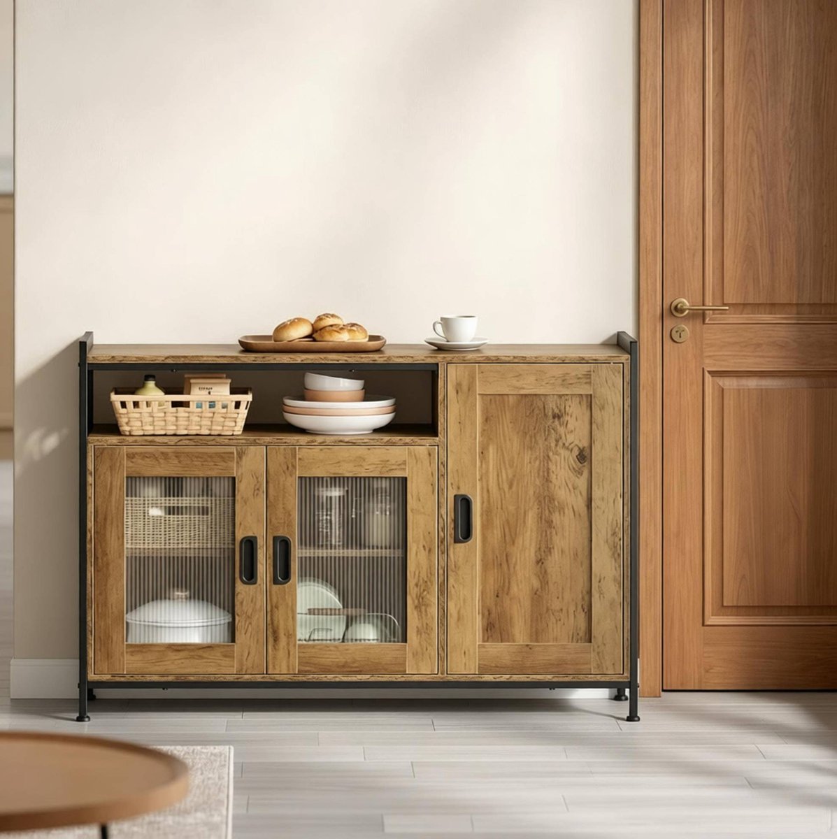 COVREO Keukenkast 110x33x75 cm bruin, hout en metaal met open vak