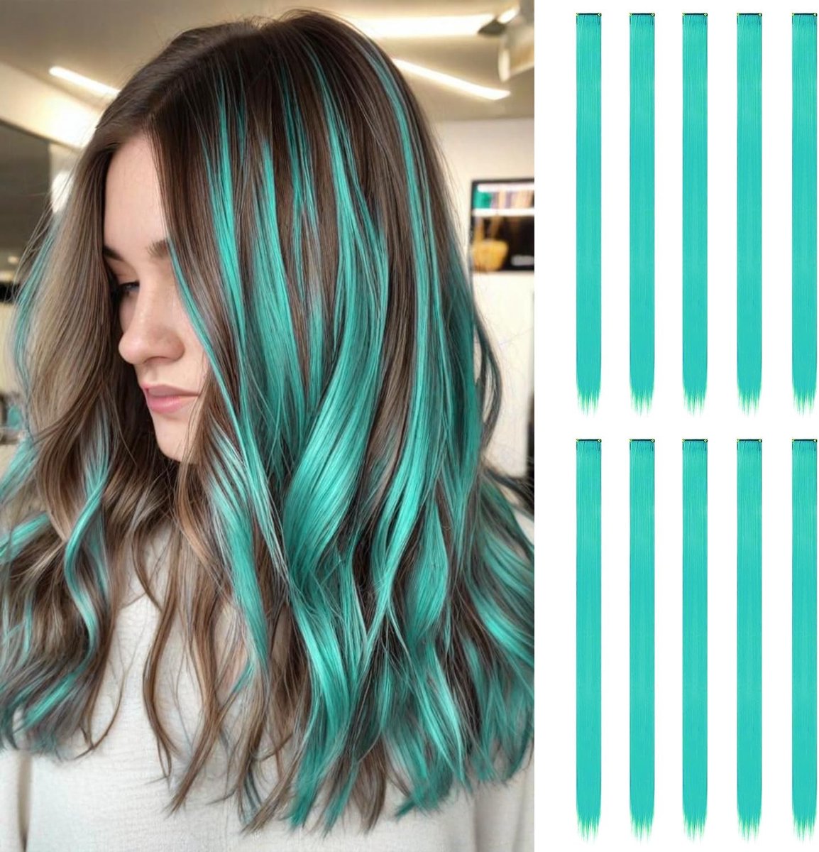 Haarextensies | 22 inch lang, steil nep haar | Haaraccessoires voor meisjes | Clip-in haarextensie (turkoois)