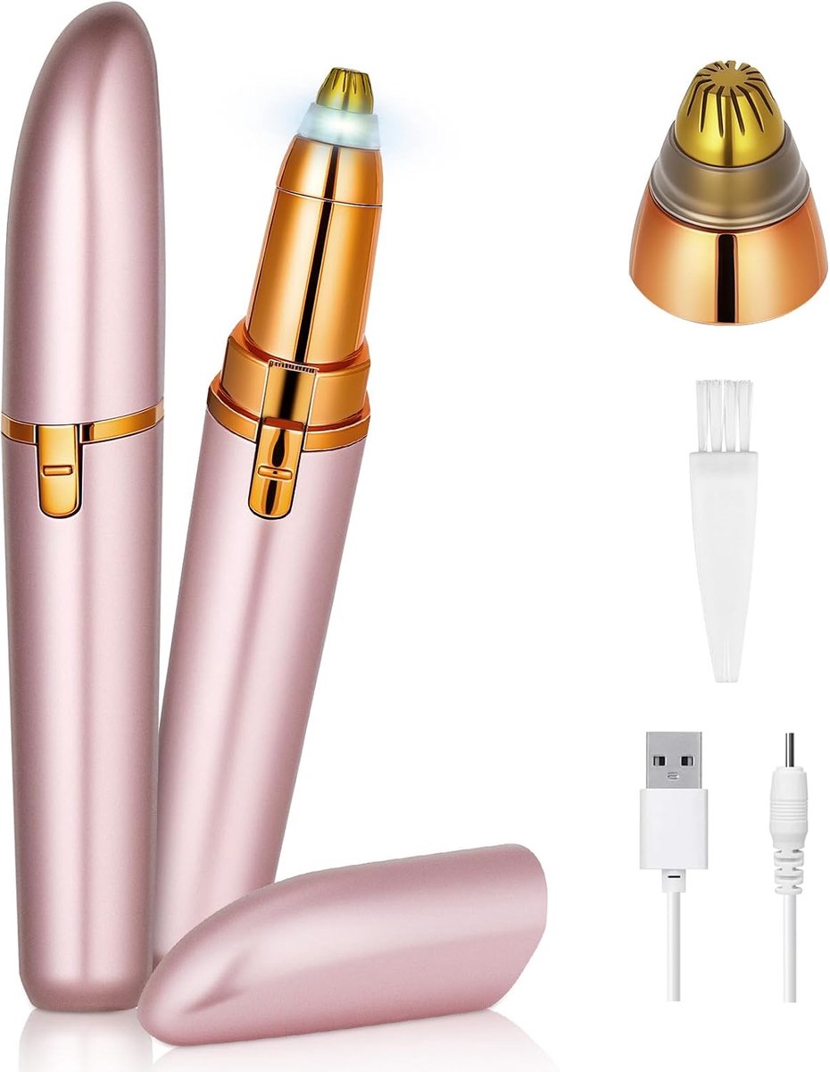 Neushaartrimmer voor vrouwen, wenkbrauwscheerapparaat, elektrisch, gezichtshaarverwijderaar voor vrouwen, oplaadbare wenkbrauwtrimmer voor lichaam, gezichtshaar, lippen, kin, ingebouwd (roségoud