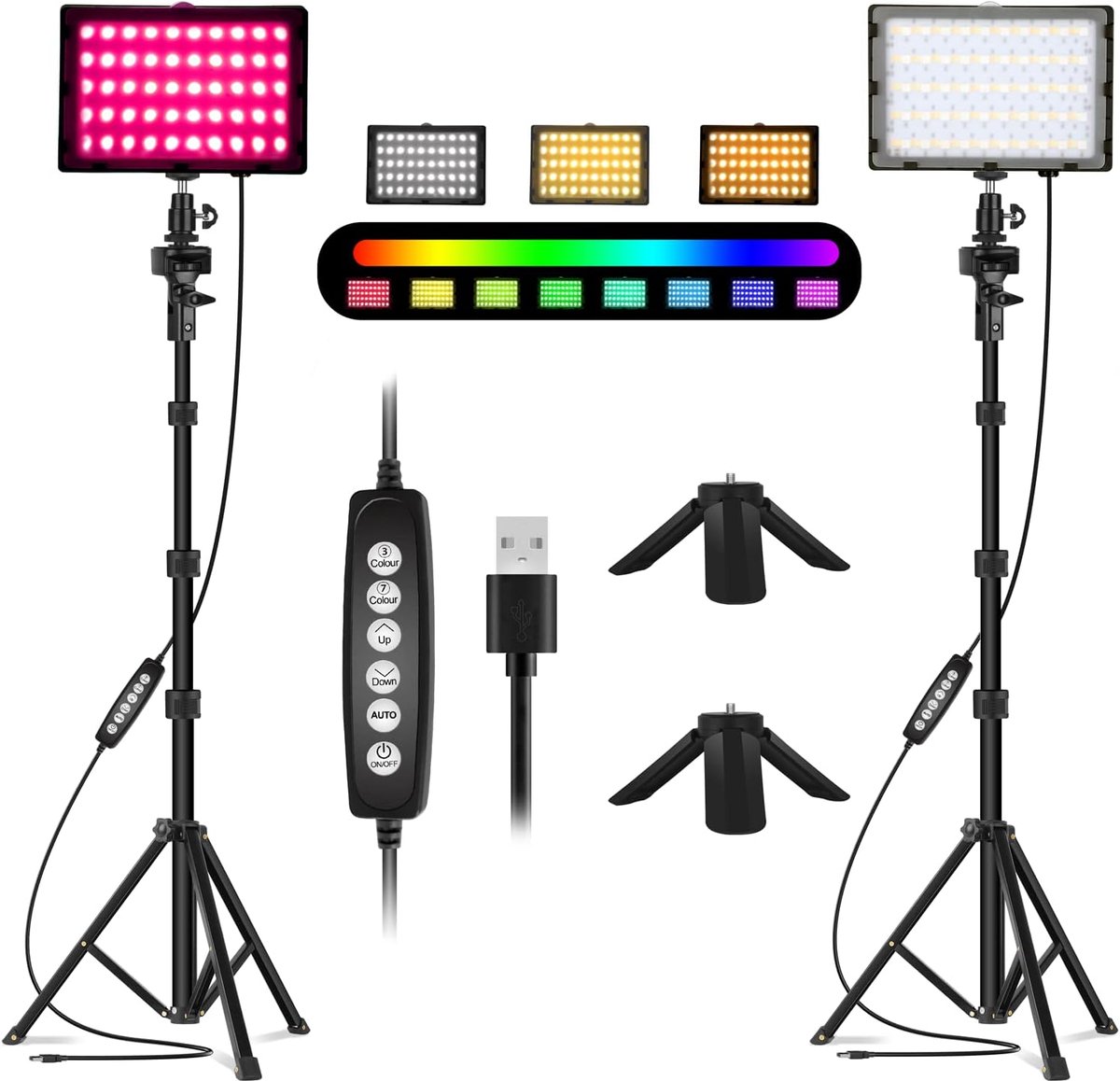 2 Pack RGB-videolamp, LED-videolamp met USB en Verstelbaar Statief | Dimbare Fotolamp, 5500K, Video-opnames, Streaming, YouTube, Fotostudio's