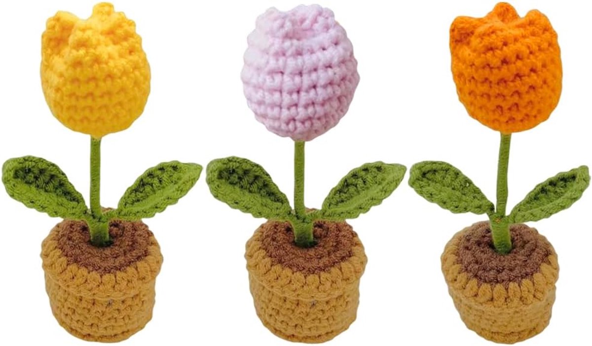 Kunstbloemen in gehaakte vaas, handgemaakte bloemen en tulpen voor kantoor, auto, dashboard, decoratie, 3 stuks (kleur #5)