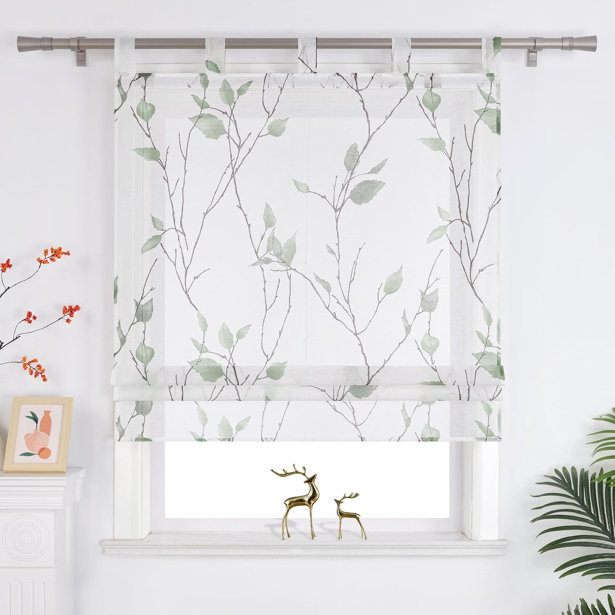 Omgoods - Roman Roller Blind - Transparant met Bladeren en Bloemen, 140x140 cm Groen