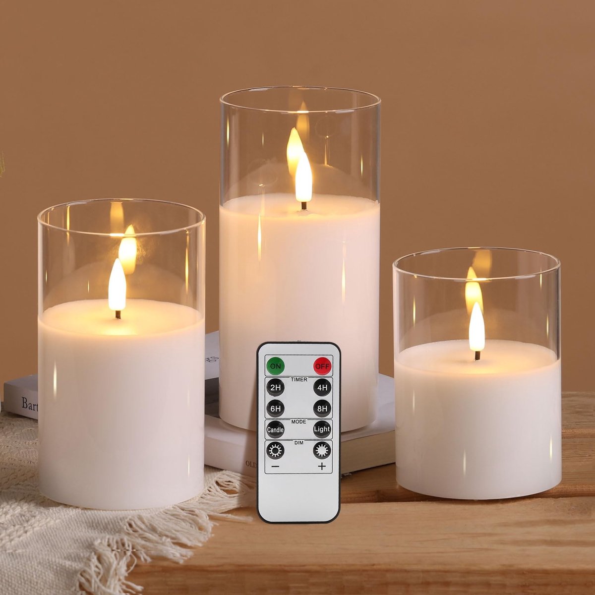 Omgoods - Duidere Glas Flameless LED Pilaren met Afstandsbediening - Set van 3