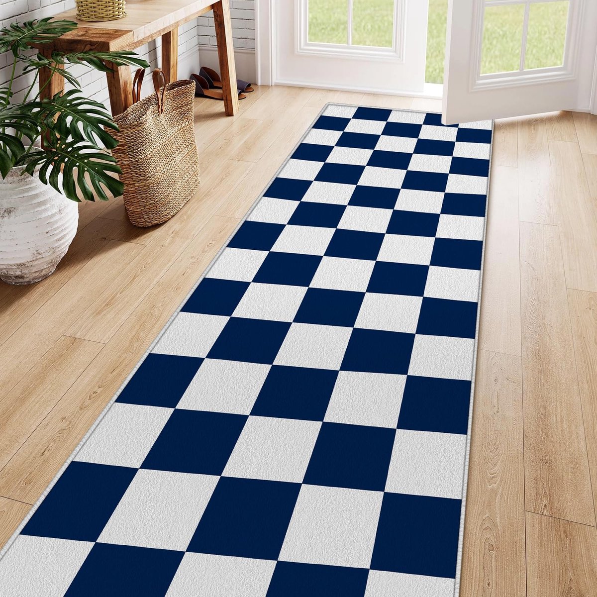 Omgoods - Runner 60x180 cm - Wasbaar en Antislip, Navy Blauw-Wit Ruitpatroon