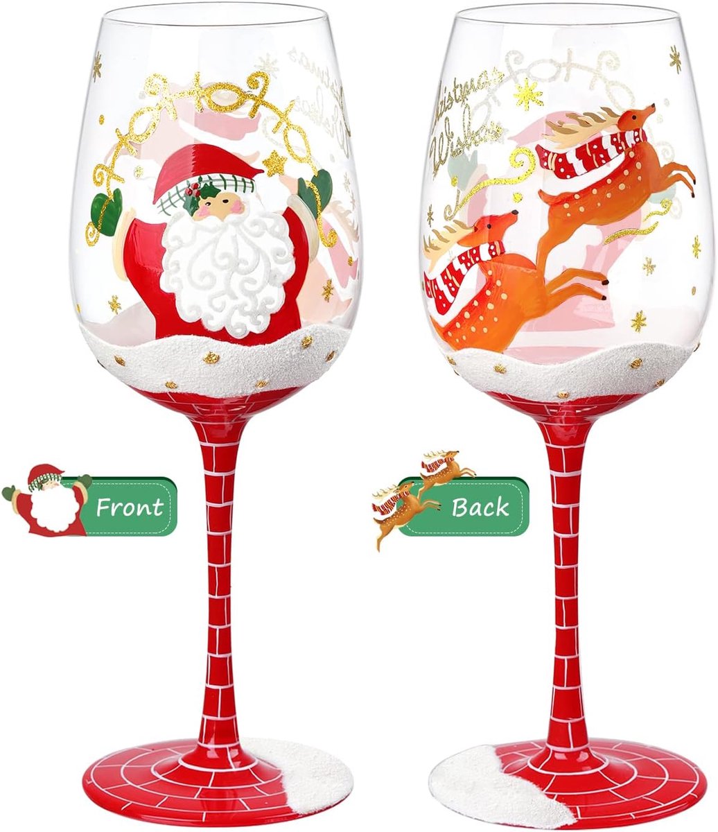 Handgeschilderde Wijnglas 15oz Kerstman Kerst Elanden Herten Sneeuwvlok Xmas Kerstcadeau voor Familie Vriend