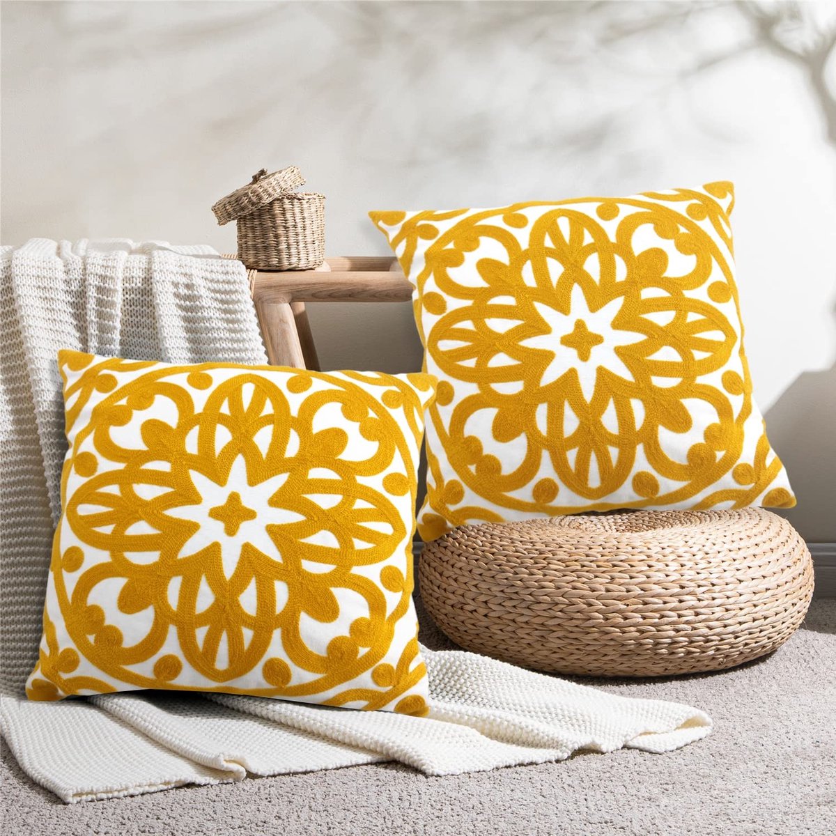 Omgoods - Set van 2 Geweven Kussenhoezen 45x45 cm in Geel met Mandala Patroon