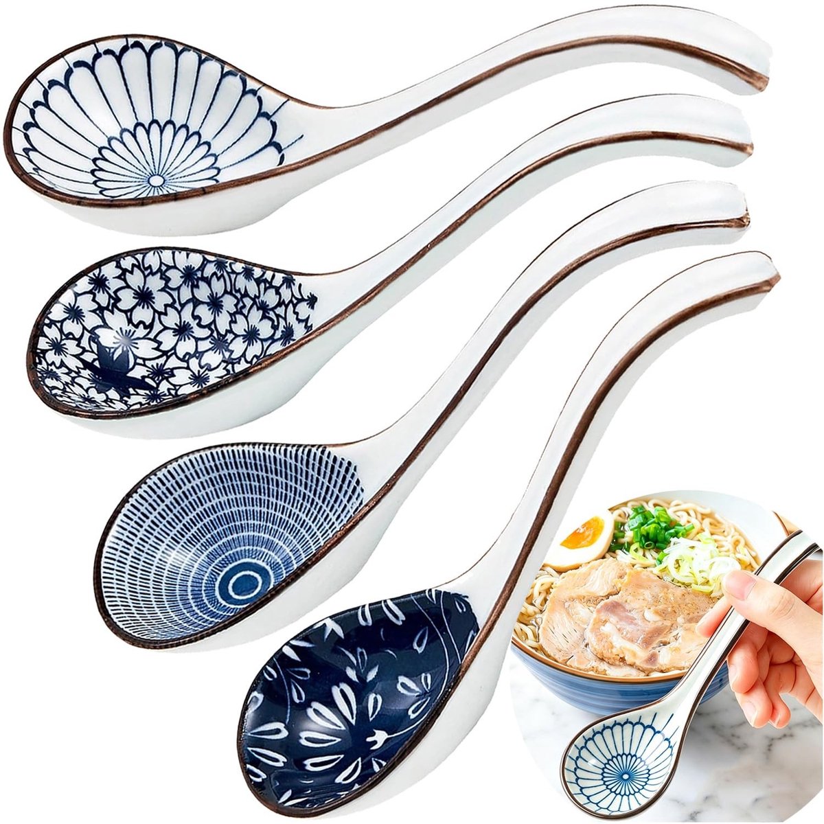 Omgoods - Set van 4 Chinese Ceramische Soeplepels - Japanse Ramen Lepels voor Soep en Gerechten