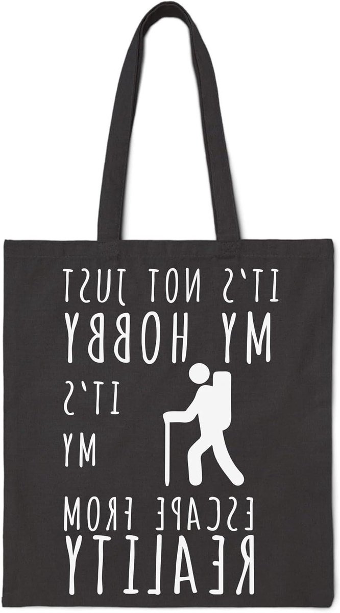 Canvas Tote Bag - Boodschappentas Strandtas - Spullen Meenemen - Hiking Thema Print - Eén Maat - Zwart