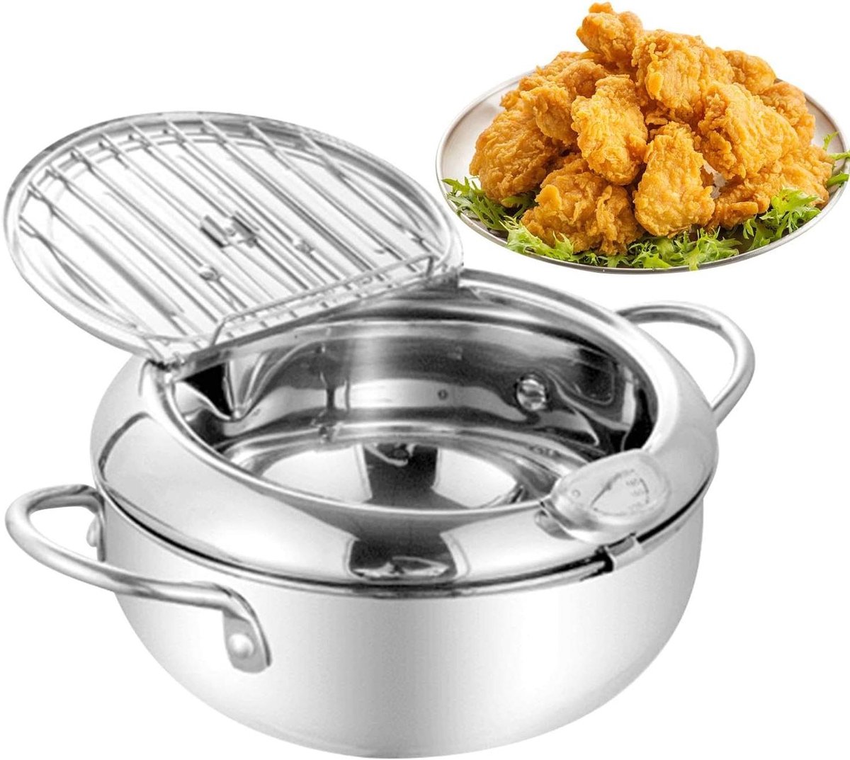 Elektrische Friteuse - Frituurpan Koekenpan - Thuis Koken - Nauwkeurige Temperatuurregeling - 12.9D x 24.9B x 12.9H cm - Zilver