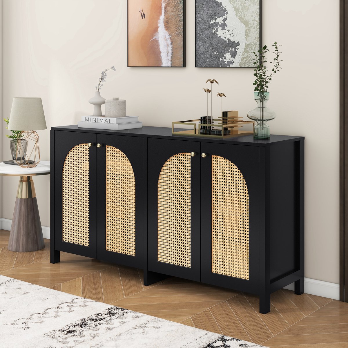 Modern sideboard met 4 rieten deuren - ruime opbergruimte - geschikt voor eetkamer, woonkamer & keuken - minimalistisch design - metalen handgrepen - zwart
