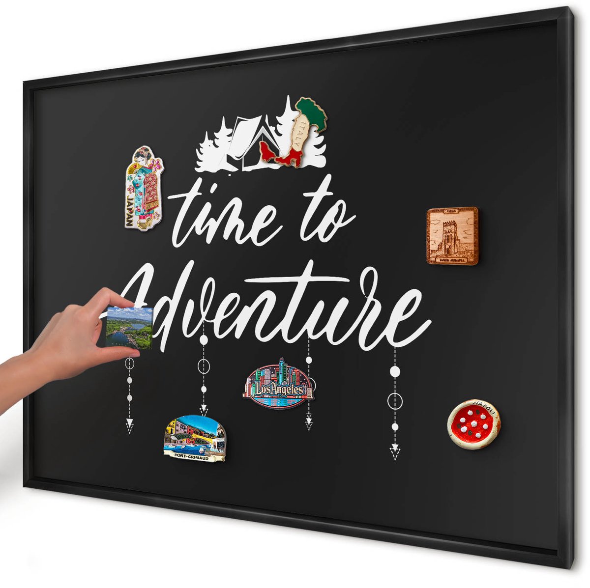 Artprintcave Zwart Magneetbord mit Zwart Frame - 100x70 cm - Avontuur Wacht. Wandbord Magnetisch - Modern Magneet Bord mit Frame - Teksten