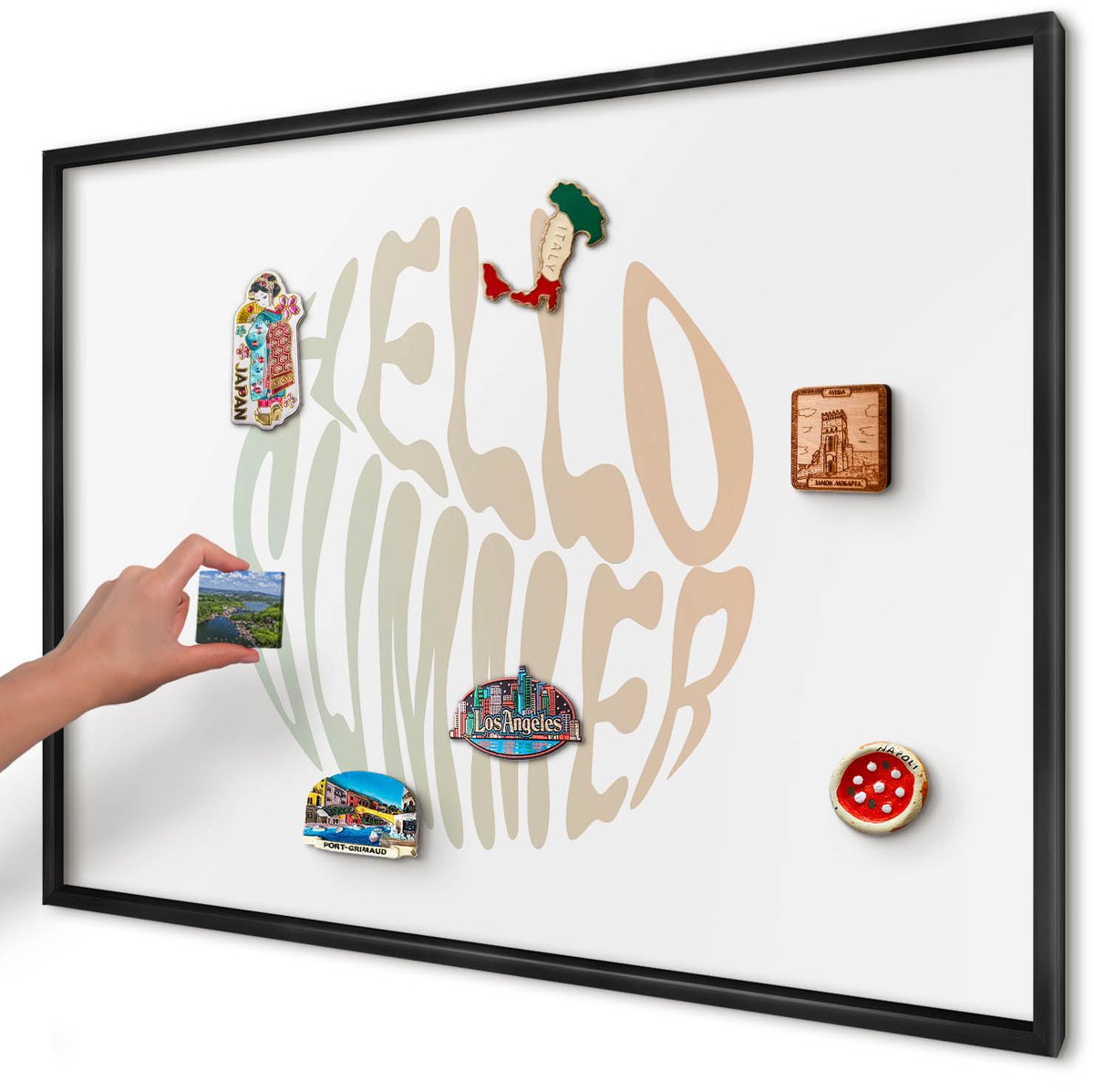 Artprintcave Wit Magneetbord mit Zwart Frame - 100x70 cm - Hallo Zomer Magneet Bord mit Frame - Typografisch Memobord Keuken - Texturen