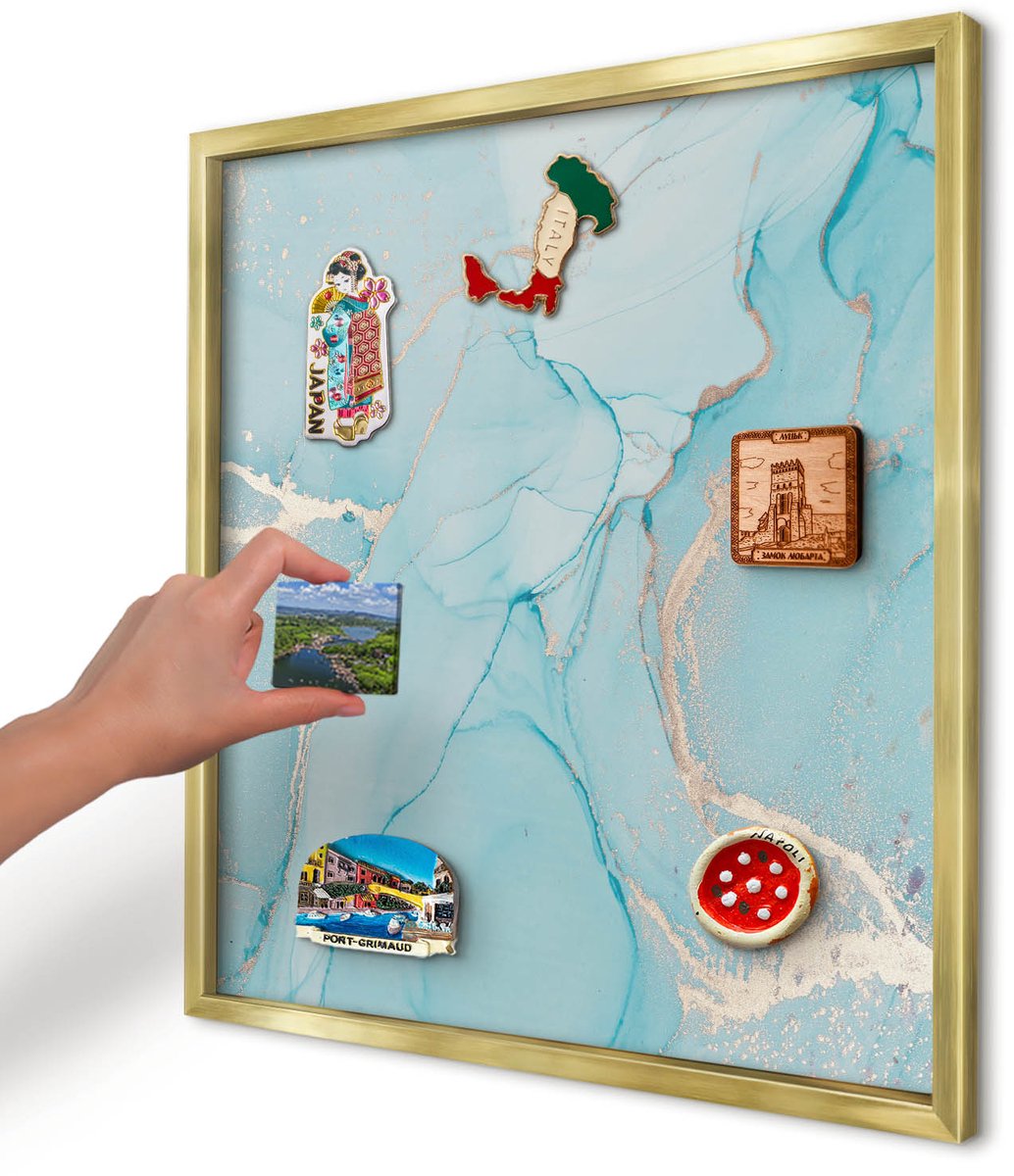 Artprintcave Turkoois Magneetbord mit Gouden Frame - 50x50 cm - Turquoise Elegantie Memobord Keuken - Abstract Wandbord Magnetisch - Abstractie