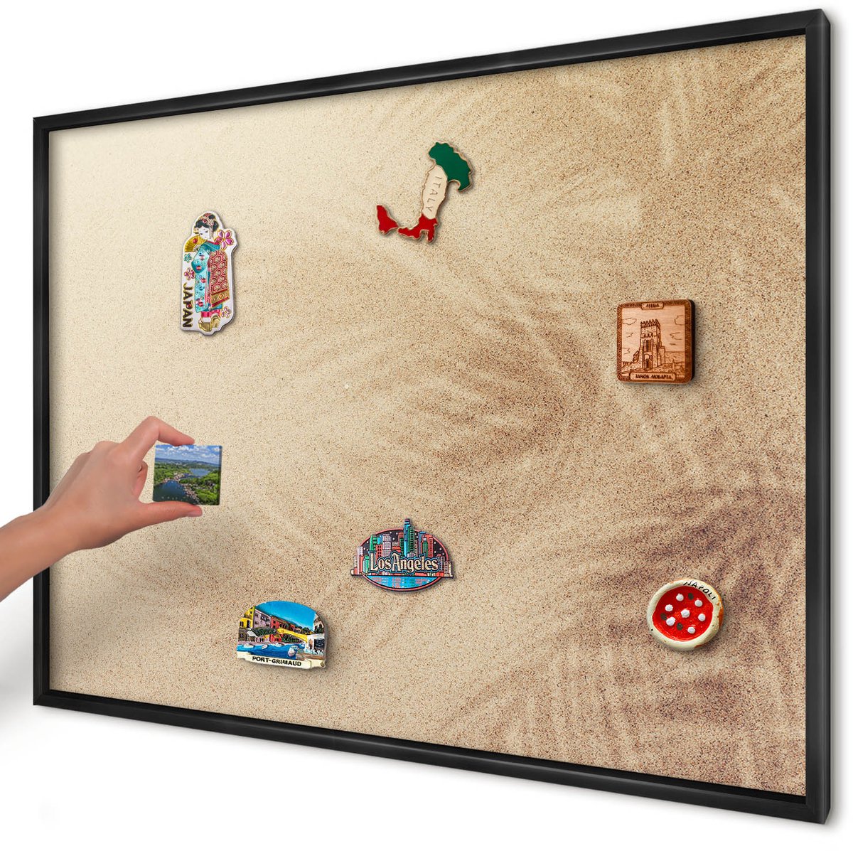 Artprintcave Beige Magneetbord mit Zwart Frame - 100x70 cm - Zandbladeren Magneet Bord mit Frame - Minimalist Magnetische Organizer - Natuur
