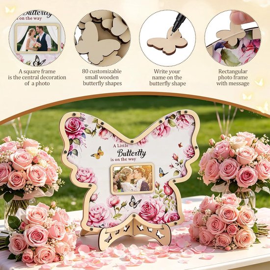 Bruiloftsgastenboek van hout, vlindervormig, vlindervormig alternatief met fotolijst en dropbox, rustiek alternatief voor het klassieke gastenboek voor bruiloft, babyshower en afstudeerfeest — afbeelding 2