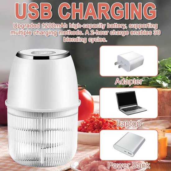 keukenhakmolen, 350 ml, elektrisch, draagbare mini-hakmolen, uiensnijder met USB-aansluiting voor uien, fruit, noten, vlees en knoflook (wit) — afbeelding 4