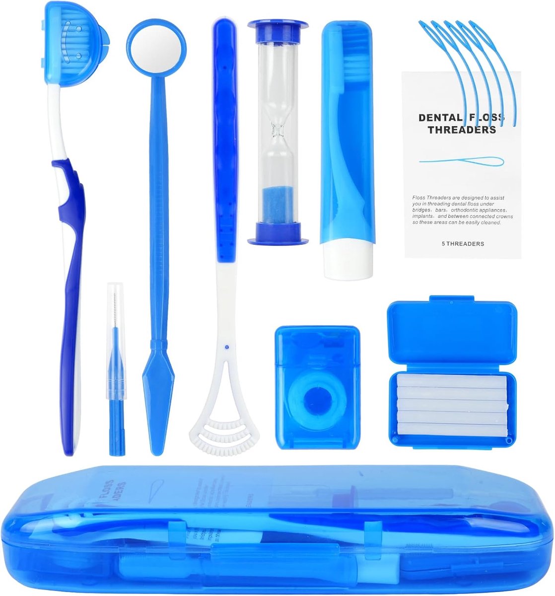 Tandheelkundige verzorgingsset Draagbare 9-tandenreinigingsset Orthodontische mondverzorging Reisset Mondspiegel Tongschraper Tandsteenverwijderaar V-borstel Interdentale borstel - Blauw