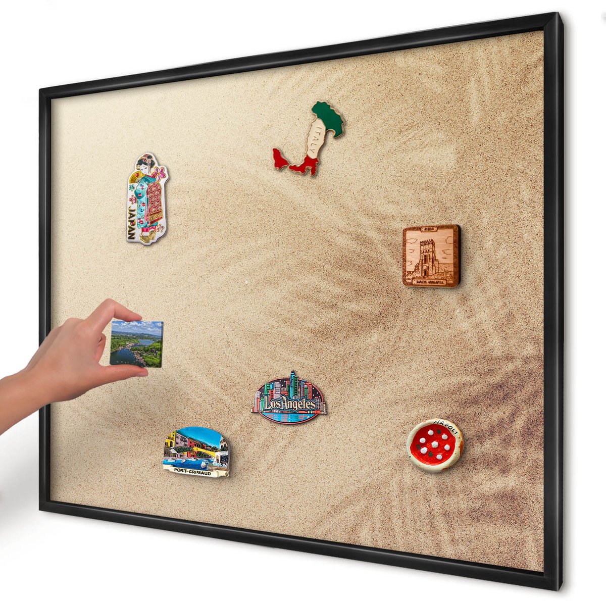Artprintcave Beige Magneetbord mit Zwart Frame - 80x60 cm - Zandbladeren Memobord Keuken - Minimalist Magneetbord Voor Foto's - Natuur