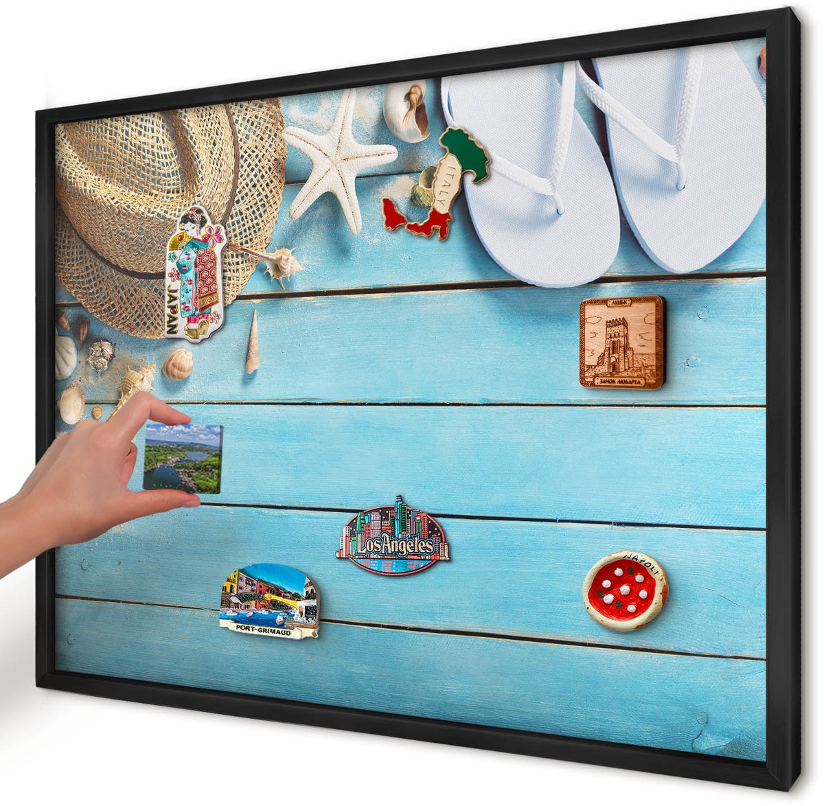 Artprintcave Blauw Magneetbord mit Zwart Frame - 70x50 cm - Vakantiesfeer Magneet Bord mit Frame - Modern Memobord Keuken - Natuur