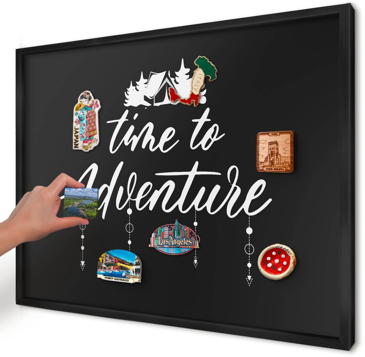 Artprintcave Zwart Magneetbord mit Zwart Frame - 70x50 cm - Avontuur Wacht. Magnetisch Bord Voor Magneten - Modern Magnetische Organizer - Teksten