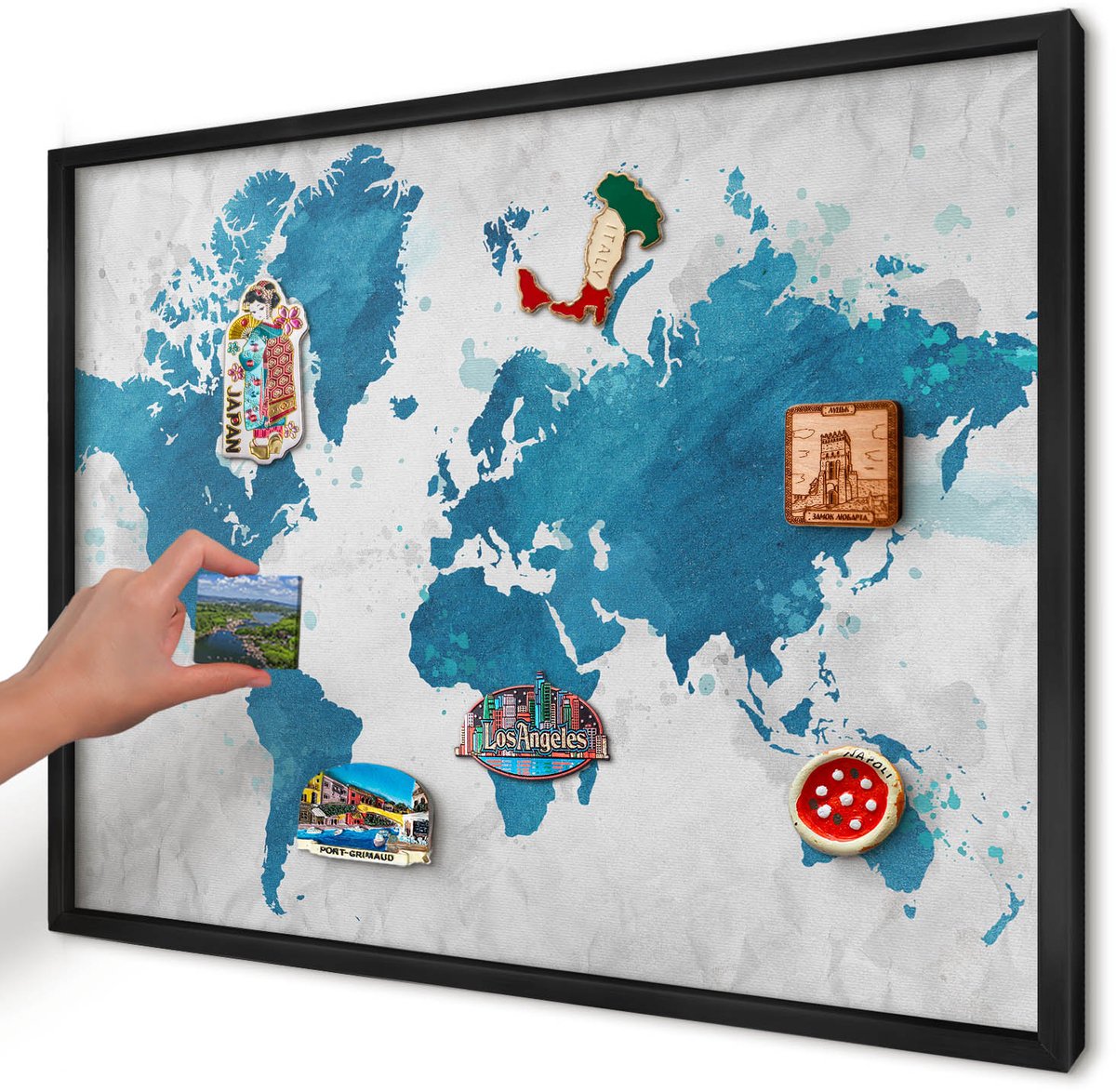 Artprintcave Blauw Magneetbord mit Zwart Frame - 70x50 cm - Aquarelkaart Notitiebord - Waterverf Magnetische Organizer - Kaarten