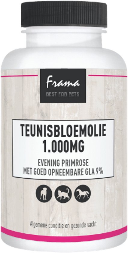 Frama Teunisbloemolie 1.000MG capsules voor dieren. Met tekst "Algemene conditie en gezonde vacht".