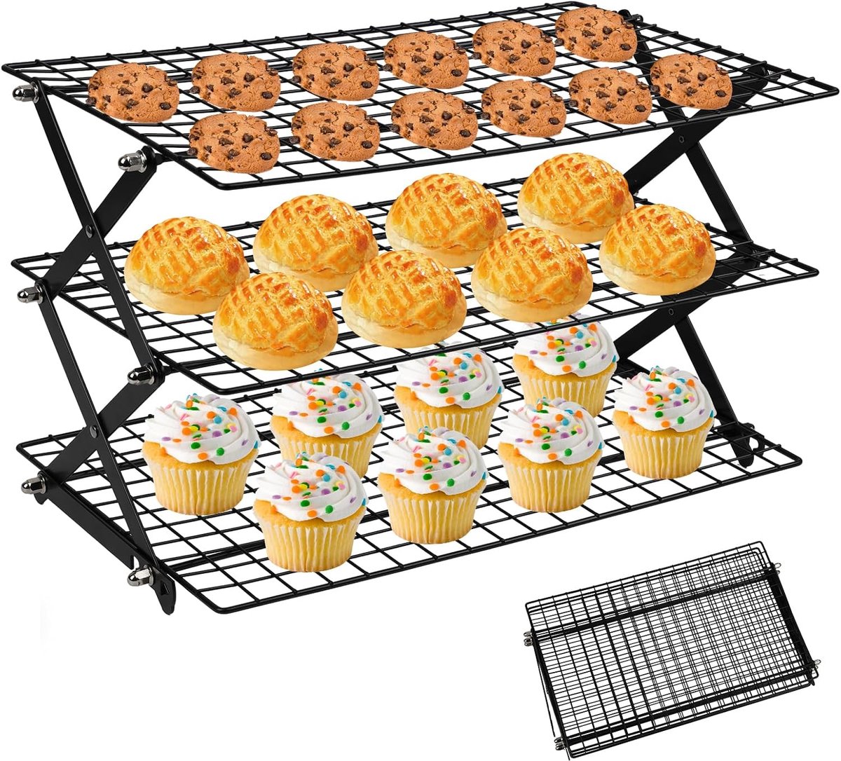 3 verdiepingen, afkoelrooster, anti-aanbak, stapelbaar, taartrooster, rechthoekig, inklapbaar, herbruikbaar, stapelbaar koelrek van ijzer voor braden, bakken, grillen, koelen afkoelen (A