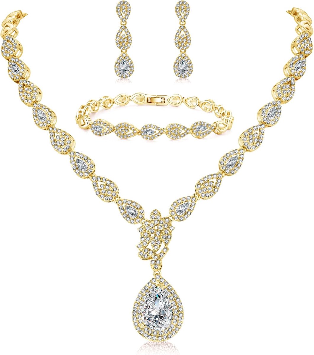 Sieradenset met traan, halsketting en oorbellen, hangend en armbandset, zilver/roségoud/goud, bruid, dames, sieradenset met AAAAA witte zirkonia in verloving voor bruid, liefhebbers en vrouwen