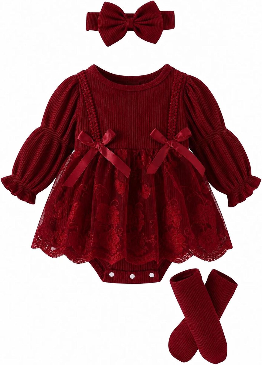 Babymeisjesjurk, 3-delige outfit, lange mouwen, comfortabel, 0-18 maanden | Tutu feestelijke pasgeborenen doop tule jurk met haarband panty