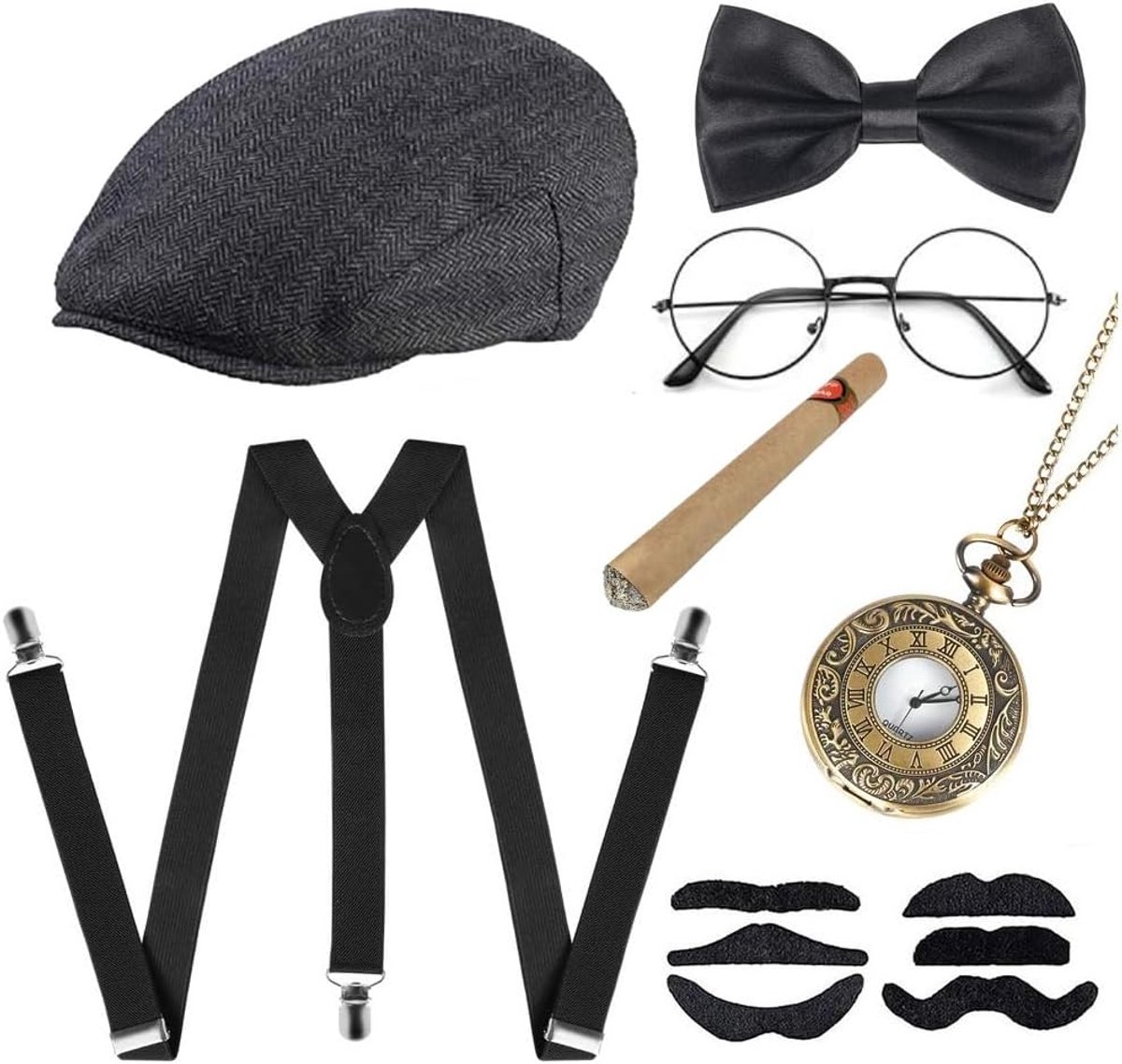 20-kostuum voor heren, maffia-kostuum voor heren, feest met gangster panamahoed, zakhorloge, bretels, vlinderdas, baarden, bril, voor carnaval, Halloween