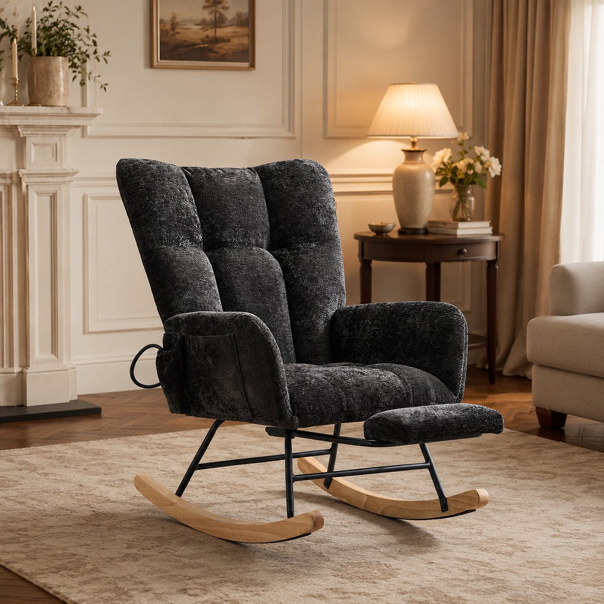 Schommelstoel - Fauteuil - Voedingsstoel - Comfortabele Relaxstoel - Leesstoel - Met voetenbank - Met een hoge rugleuning - Chenillestof - Geschikt voor woonkamer, slaapkamer en kantoor - Zwart