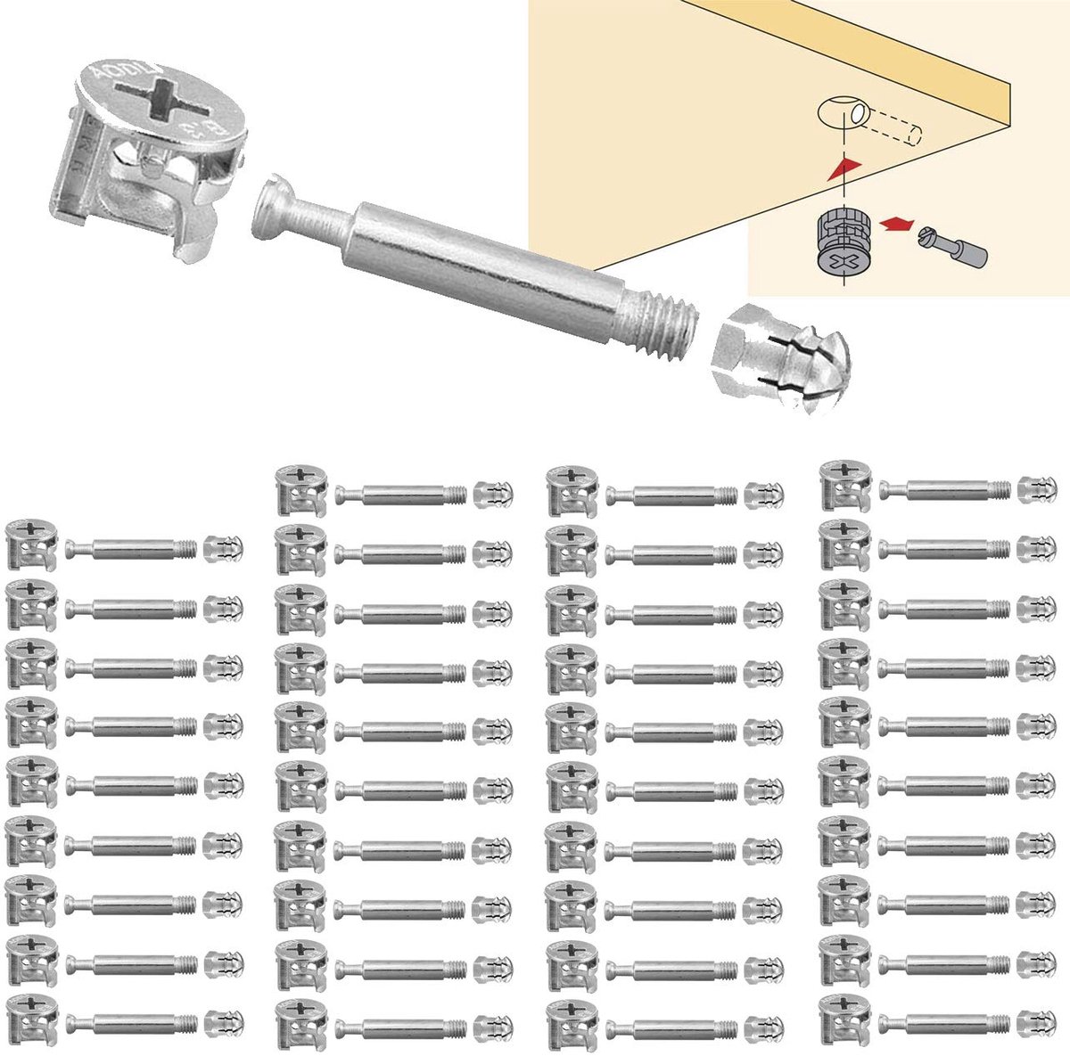 Omgoods- Meubelverbinders Set van 40 - Excentrieke Kastverbinders - Zinklegering - M6 Bouten - Voorplaatdikte 18 mm - Eenvoudige Montage - Kastverbinder