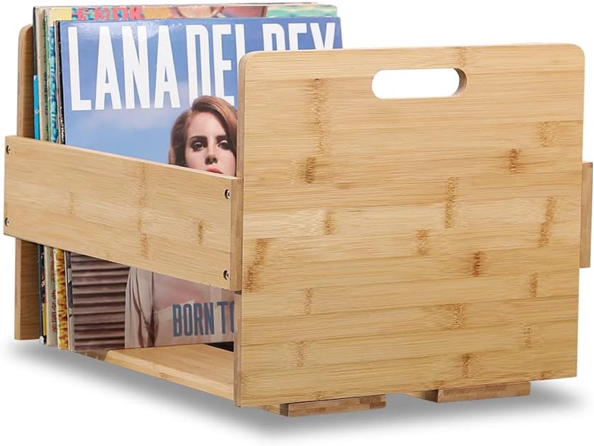 LP opbergbox bamboe vinyl platenhouder met handgrepen voor 80 LP's natuurlijke afwerking
