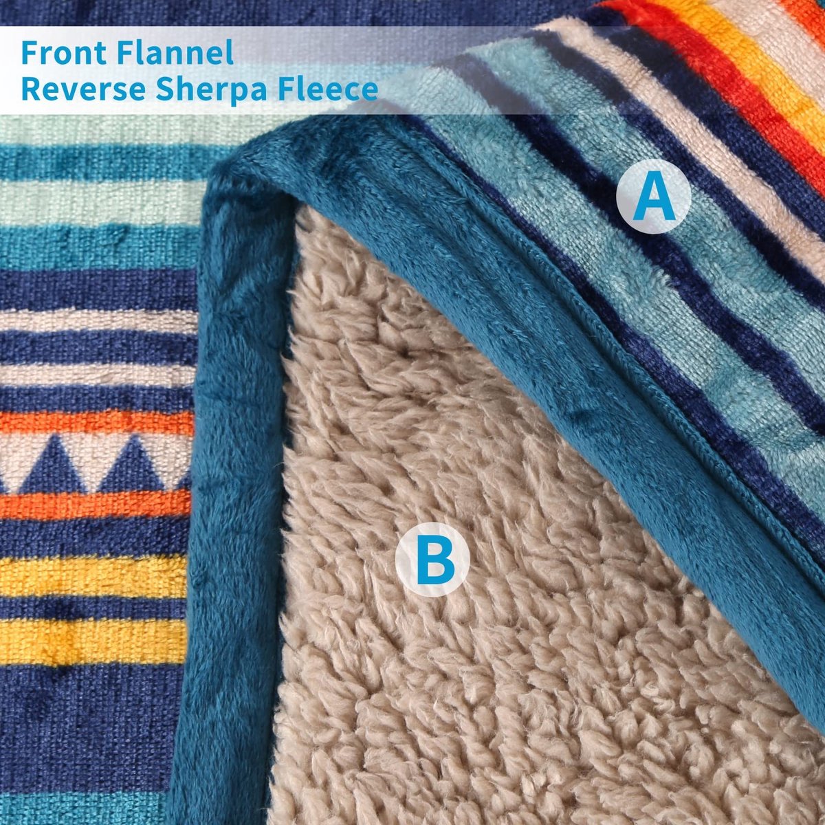 Omgoods - Flanellen Fleece Dekentje Bohemian Blauw Gestreept, 50x60 Inch