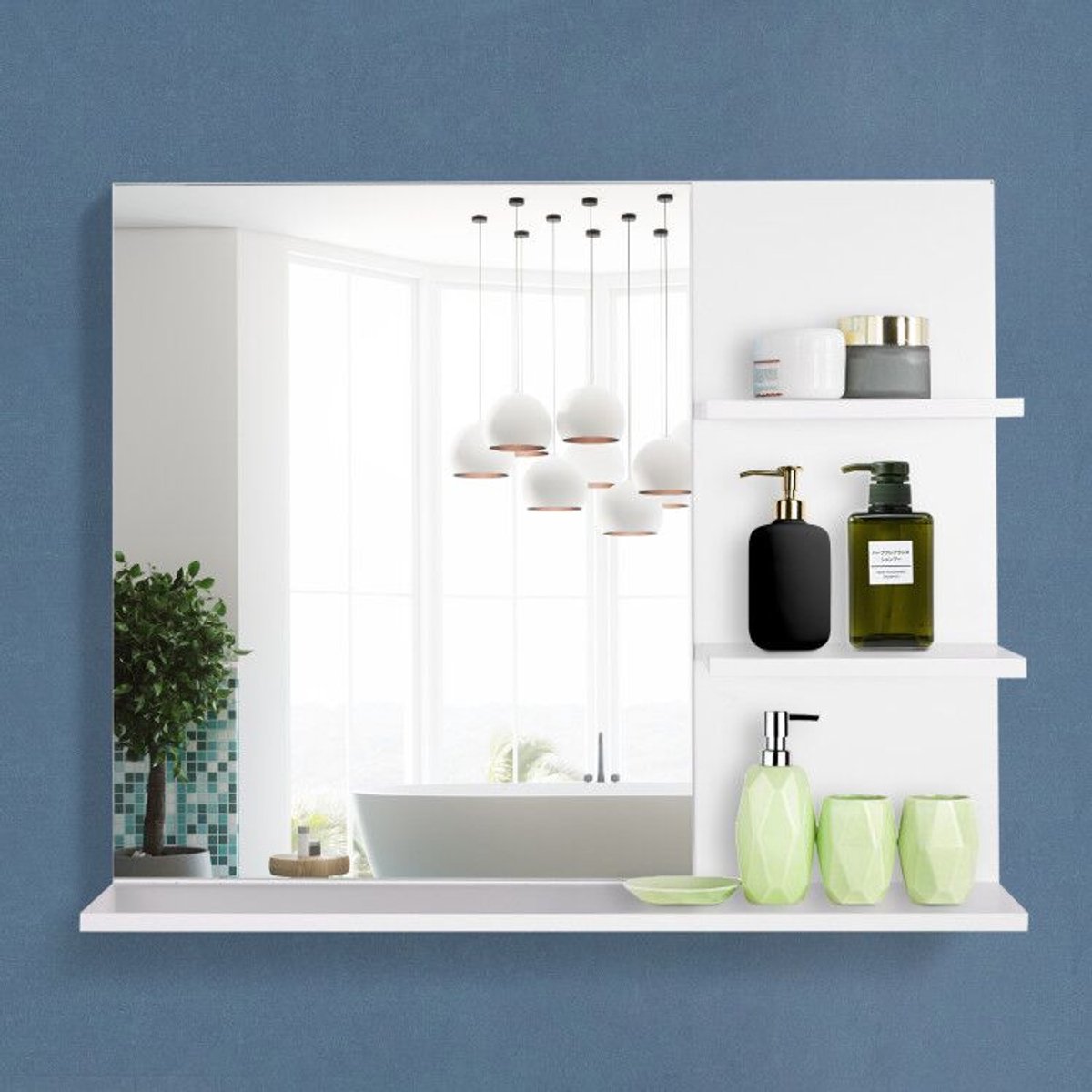 Badkamerspiegel met opbergplanken, 2 zijplanken + 1 onderste plank - met installatiekit - wit MDF