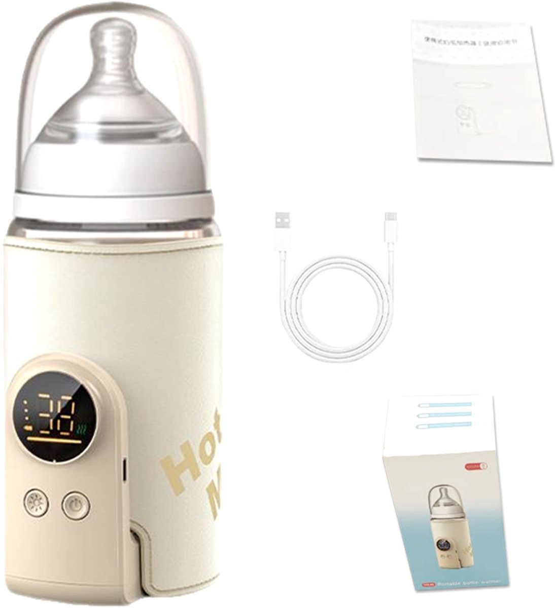 Flessenwarmer – Draagbare flessenwarmer - Ingebouwde 8000 mAh batterij – 6 temperatuurinstellingen - Snel opwarmen - Temperatuurregeling voor de fles - Flessenbeschermer - Handig voor borstvoeding onderweg - Type-C oplaadkabel - Gebroken wit