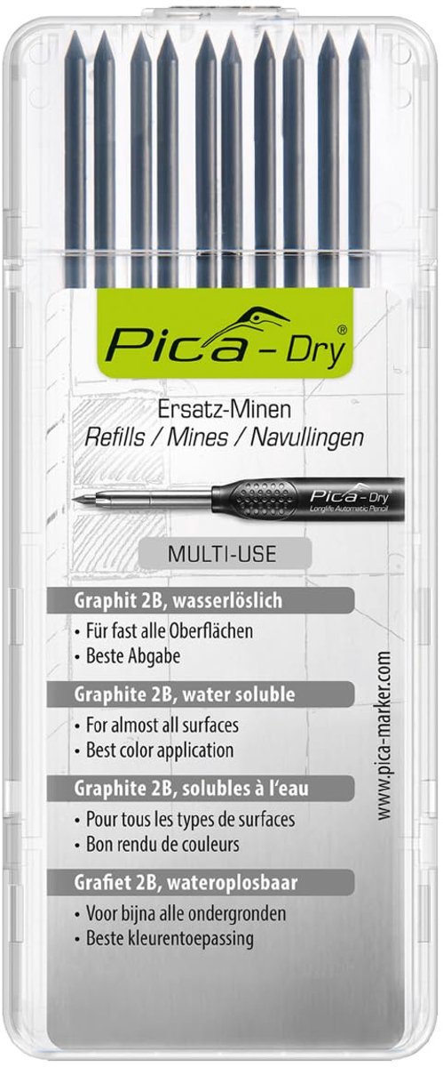 SnelShoppen - 10 Stuks Vervangingspennen voor Pica Diepte Marker 3030 - Graphiet 2B - Geschikt voor Hout, Steen, Beton - Wateroplosbaar - Plastic Doos