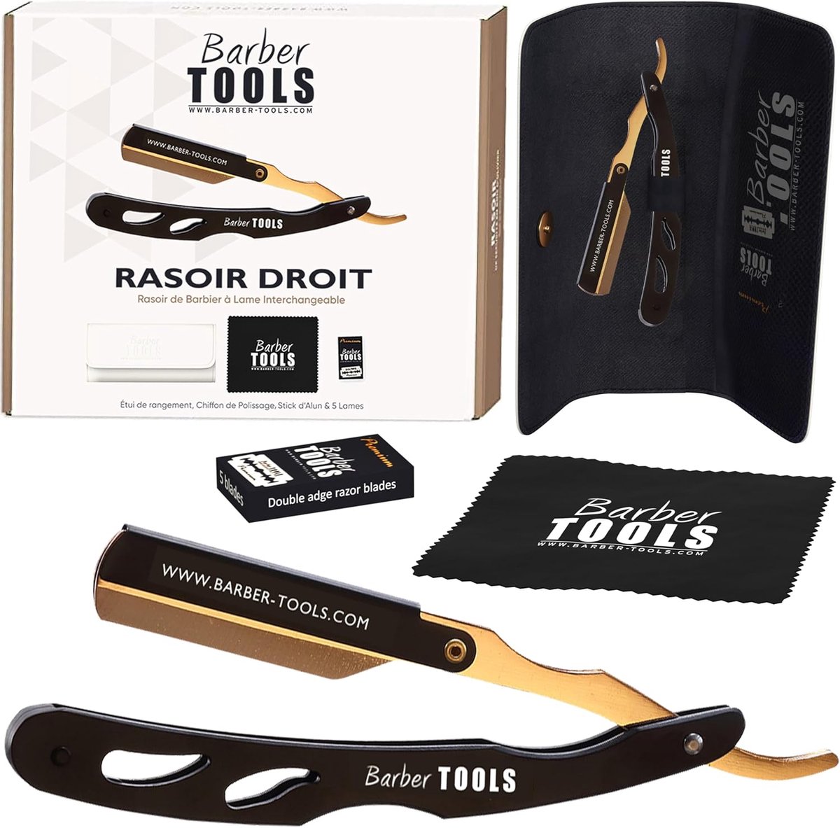 BARBER TOOLS Baardscheermes met verwisselbaar mes + 5 dubbele messen + aluin-pen + polijstdoek + etui - ShopVlot