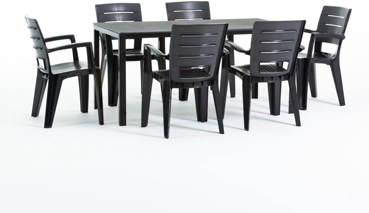 SnelShoppen - Rectangular Tuinset Thomas met 6 Stapelbare Stoelen Anita - Anthraciet - Tafel 156x78 cm - IJzer en Polyethyleen - Modern Design voor Tu